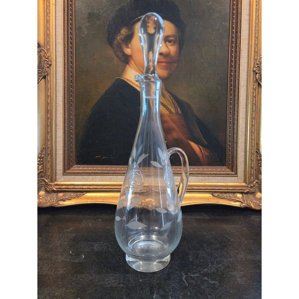 Vintage 1950s Romanian Etched Glass Decanter 17" w/ Stopper Floral Design